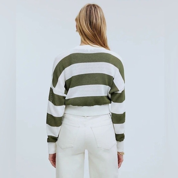 Madewell Loose Knit Crewneck Striped Sweater Ivory/Olive Green Sz Small - Picture 6 of 14